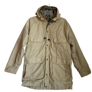 Vintage Land’s End Hooded Jacket Parka Mens S Beige Wool Blanket Lined Made USA
